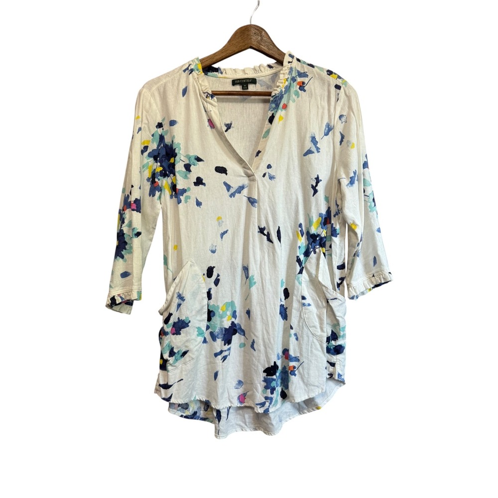 For Cynthia Tunic Top Women M White Floral Excellent Linen Blend Ruffle Pocket